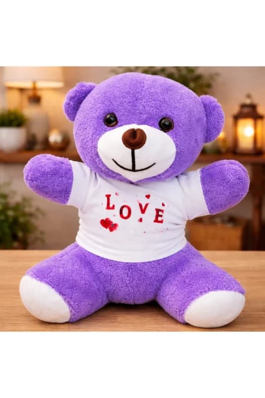 Love Baskılı Tişörtlü Peluş Mor Ayıcık