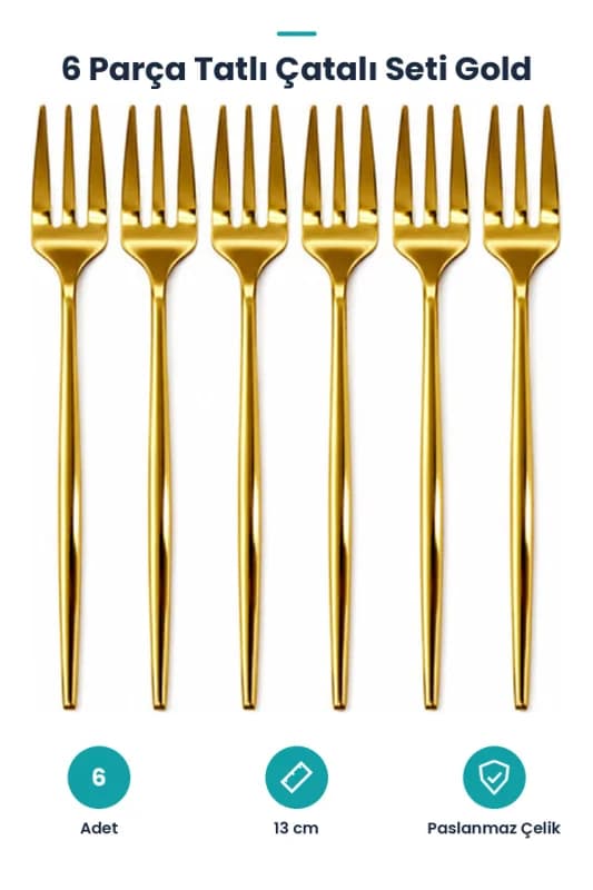 6 Parça Tatlı Çatalı Seti - 13 cm - Gold Renk
