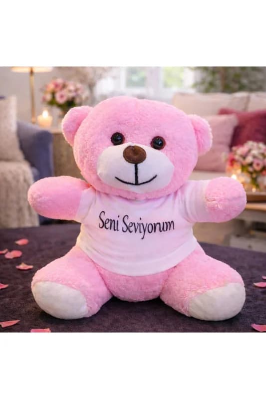 Seni Seviyorum Tişörtlü Pembe Peluş Ayıcık