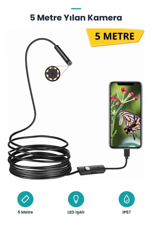 5 Metre Yılan Kamera - LED Işıklı - IP67 Su Geçirmez - 3 Farklı Başlıklı