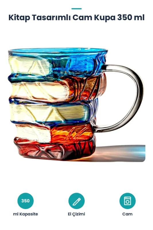 Kitap Tasarımlı Kupa Bardak - 350 ml Kapasite - El Çizimi Özel Tasarım - Dayanıklı Cam
