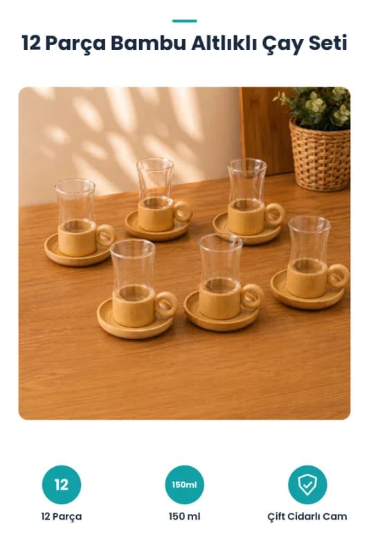 12 Parça Çay Seti - Bambu Bardak Altığı - Çift Cidarlı Cam - 150 ml
