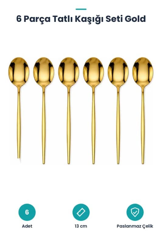 6 Parça Tatlı Kaşığı Seti - Gold Renk - Paslanmaz Çelik