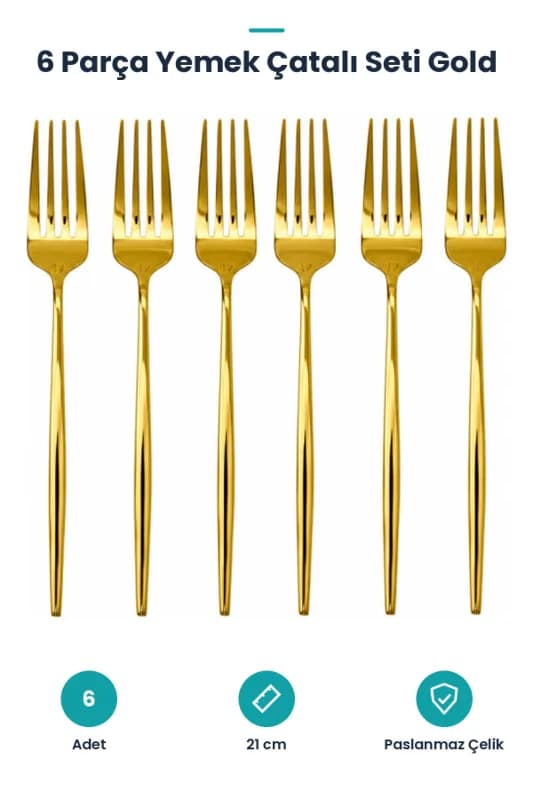 6 Parça Yemek Çatalı Seti - Gold Renk - Paslanmaz Çelik