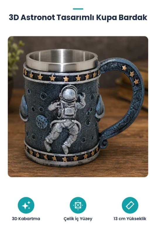 3D Astronot Tasarımlı Kupa Bardak - Çelik İç Yüzeyli - Uzay Teması