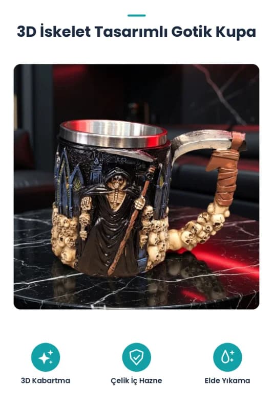 3D İskelet Tasarımlı - Paslanmaz Çelik İçli - Gotik Kupa Bardak