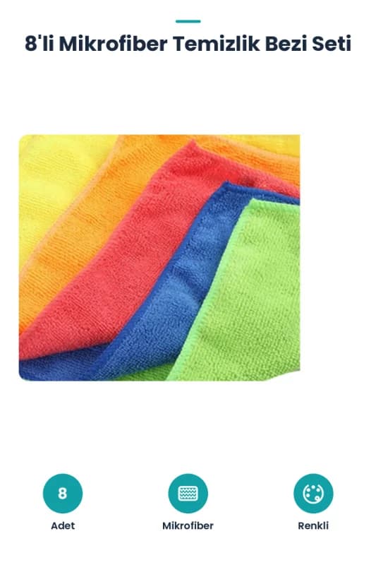 8'li Mikrofiber Temizlik Bezi Seti - Renkli - Leke Bırakmaz