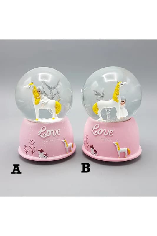 Mini Pembe Kar Küresi - Sevimli Unicorn ve Kız Tasarımlı - Işıklı