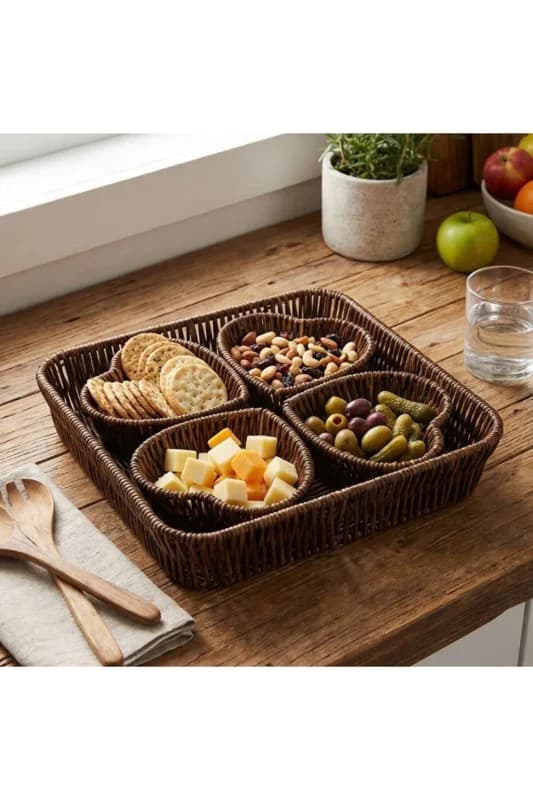 ® 5 Parça,4 Kalp Formlu Plastik Rattan Sunum ve Kahvaltı Seti-Bölmeli Çerezlik