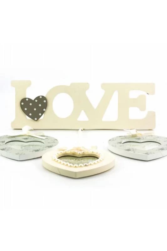 ® Decotown Love Yazılı Çerçeve 3lü Kalpli Ahşap Fotoğraf Çerçevesi