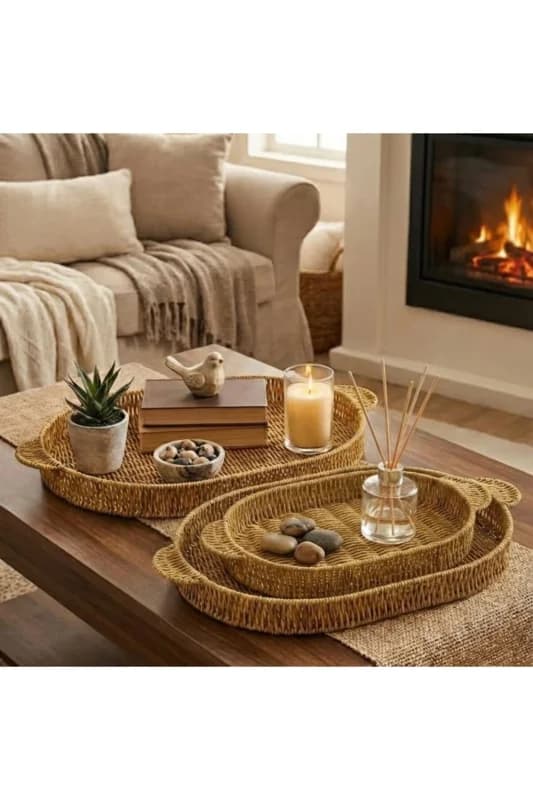 ® İç İçe Geçebilen 3’lü Oval Plastik Rattan Tepsi Seti–Hasır Görünü