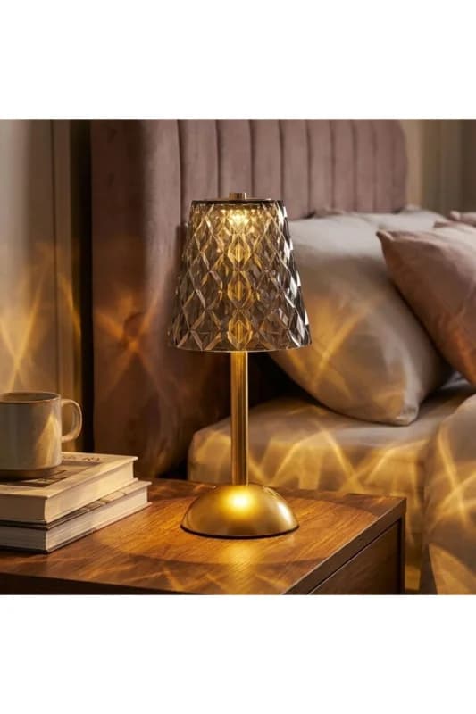 ® Uzun Klasik Gri Baklava Model LED Masa Lambası – Dokunmatik, 3 Renk Işık Mo