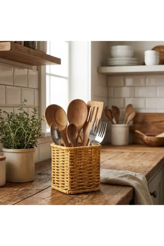 ® Kare Hasır Dokulu Plastik Rattan Kaşıklık & Çatallık – Askılı Kendili�