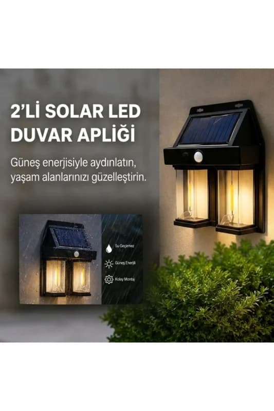 ® 2'li Solar Güneş Enerjili LED Duvar Apliği, Hareket Sensörlü, Şarjlı, Kab