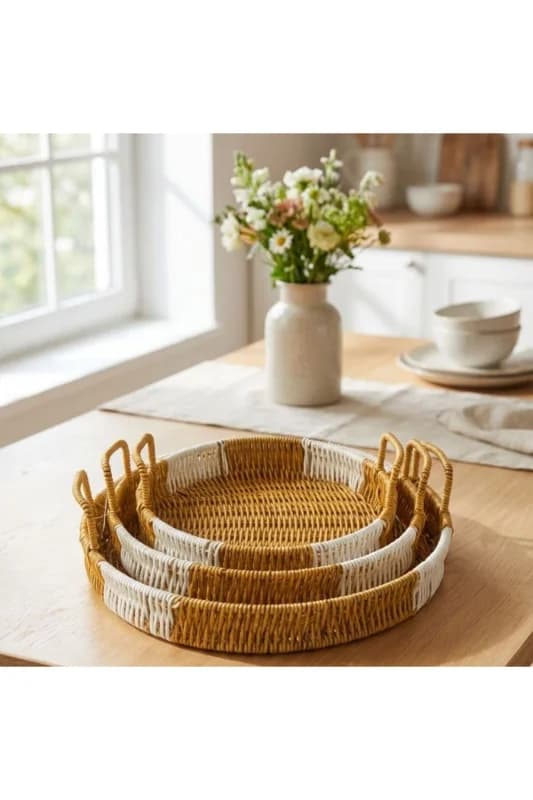 ® İç İçe Geçebilen 3’lü Yuvarlak Plastik Rattan Tepsi Seti–Çift Renkli