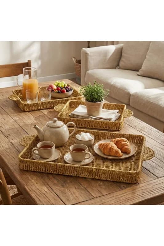 ® İç İçe Geçebilen 3’lü Dikdörtgen Plastik Rattan Tepsi Seti–Hasır Gö