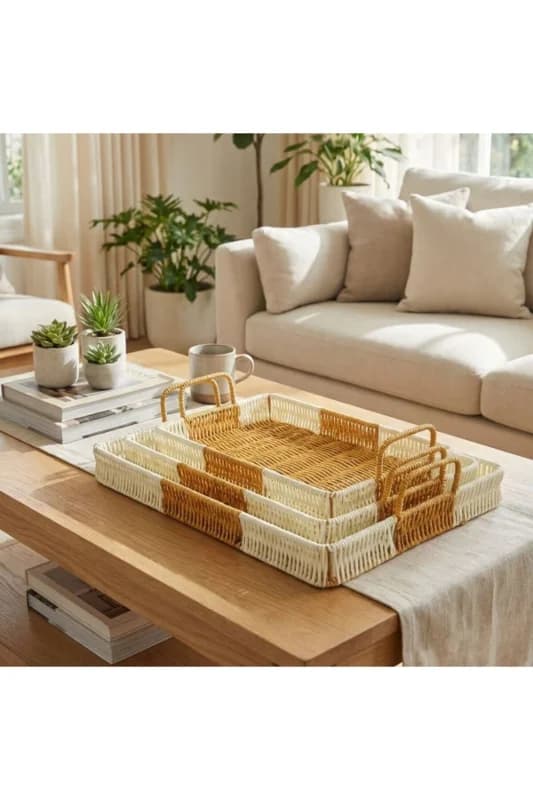 ® İç İçe Geçebilen 3’lü Dikdörtgen Plastik Rattan Tepsi Seti–Çift Renk