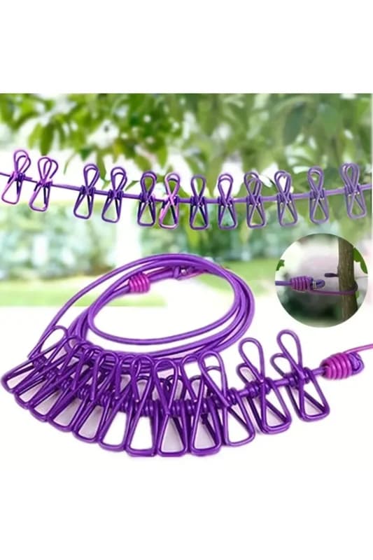 ® Taşınabilir Seyahat Çamaşır İpi 12 Mandallı Klipsli Lastikli Çamaşır M