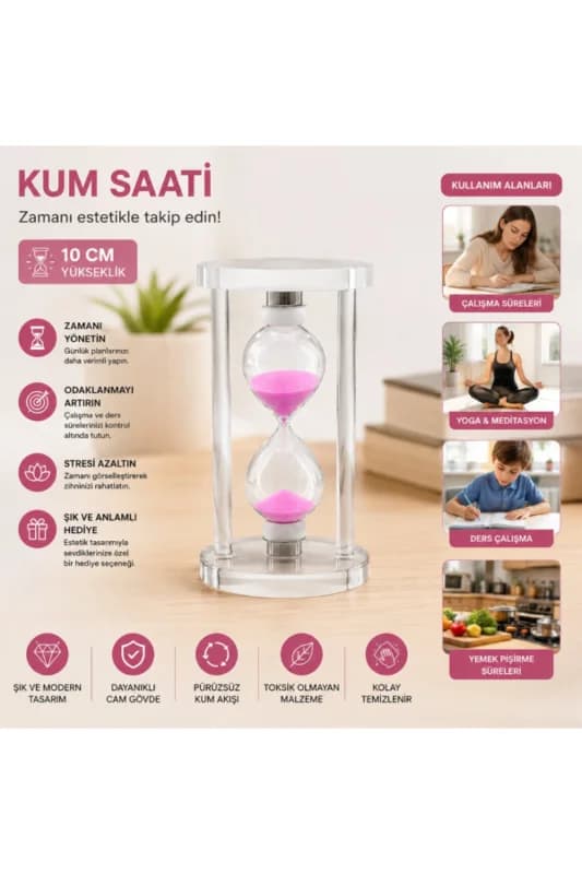 Küçük Boy Cam Standlı Kum Saati - 10 cm Yükseklik - Dekoratif Süs Eşyası