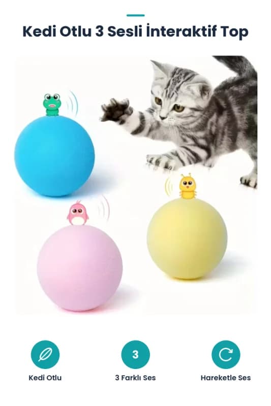 Kedi Otlu 3 Sesli İnteraktif Top Kedi Oyuncağı