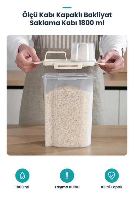 Ölçü Kabı Kapaklı Bakliyat Saklama Kabı - Kulplu Tasarım - 1800 ml