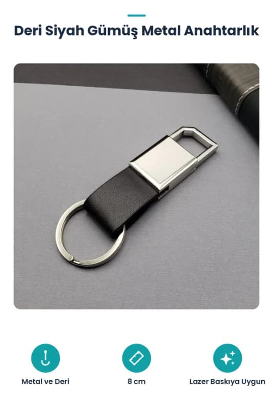 Deri Siyah Gümüş Metal Anahtarlık