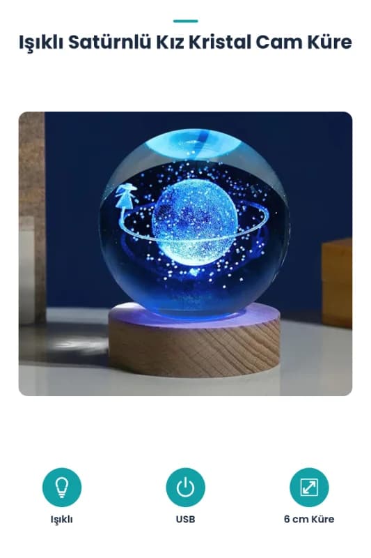 Işıklı Kristal Cam Küre - Satürnlü Kız Tasarımlı - Ahşap Altlıklı - USB Bağlantılı
