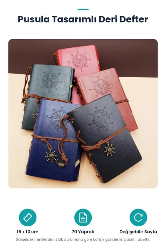Pusula Tasarımlı Deri Defter - Değiştirilebilir Sayfalı - Vintage Ajanda