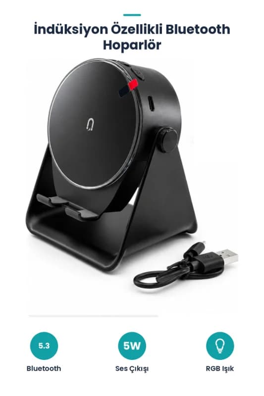 SoundPad Bluetooth Hoparlör - İndüksiyon Temas Özellikli - Telefon Standlı - Type-C Şarj - RGB