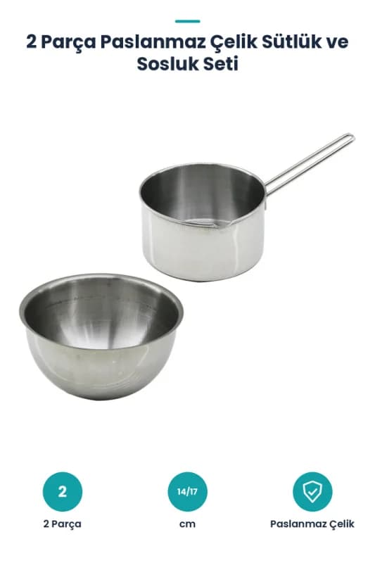 2 Parça Sütlük ve Sosluk Seti - 14 cm ve 17 cm - Paslanmaz Çelik