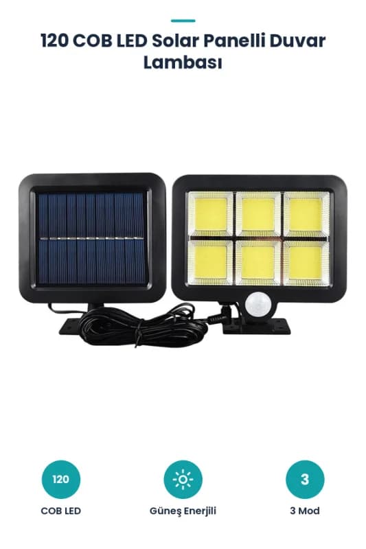 120 Cob Led Solar Panelli 3 Modlu Duvar Lambası