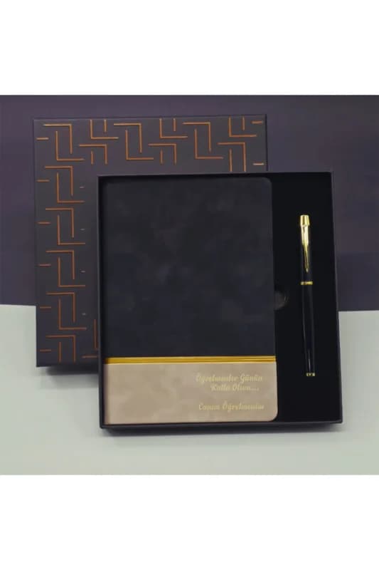 Öğretmenler Günü Özel Siyah Deri Defter ve Metal Roller Kalem Hediye Seti