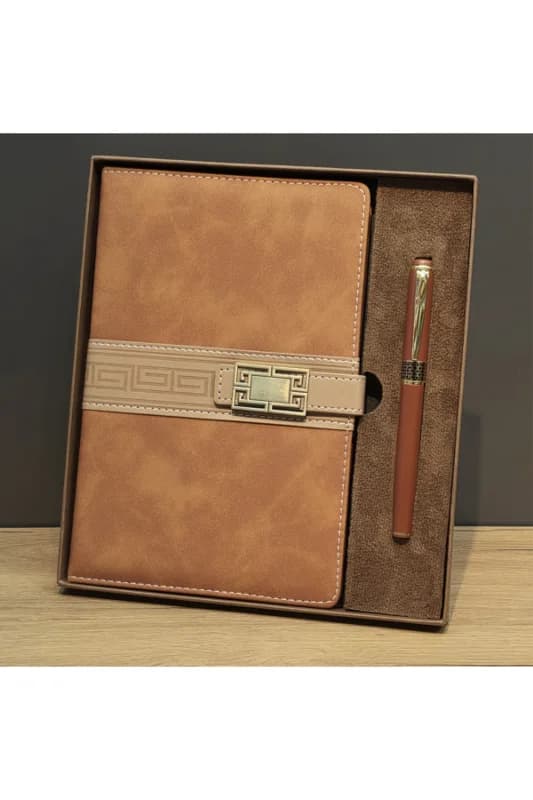 Taba Rengi Termo Deri Defter Ve Metal Roller Kalem Seti