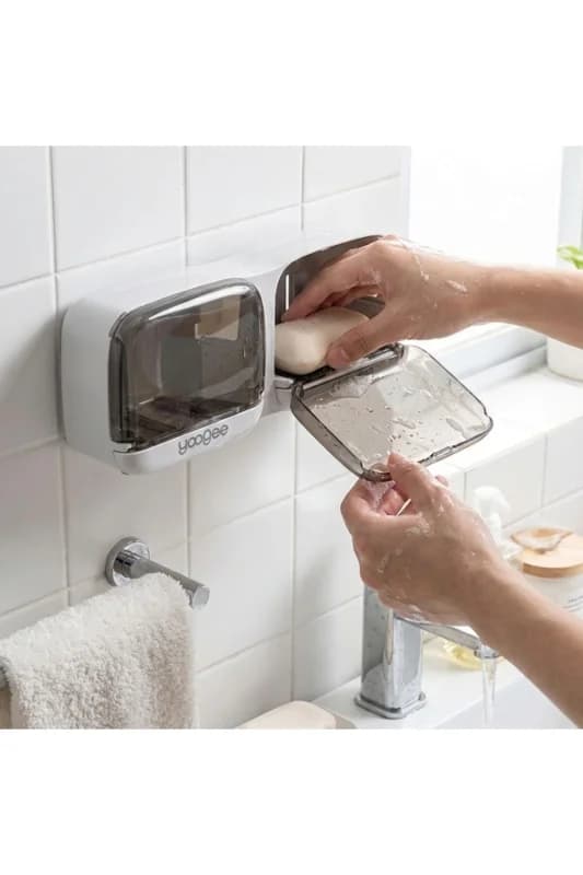 Duvara Monte İkili Kapaklı Plastik Katı Sabunluk Organizer – Banyo &Amp; Mutfak İçin Yapışkanlı Sabu