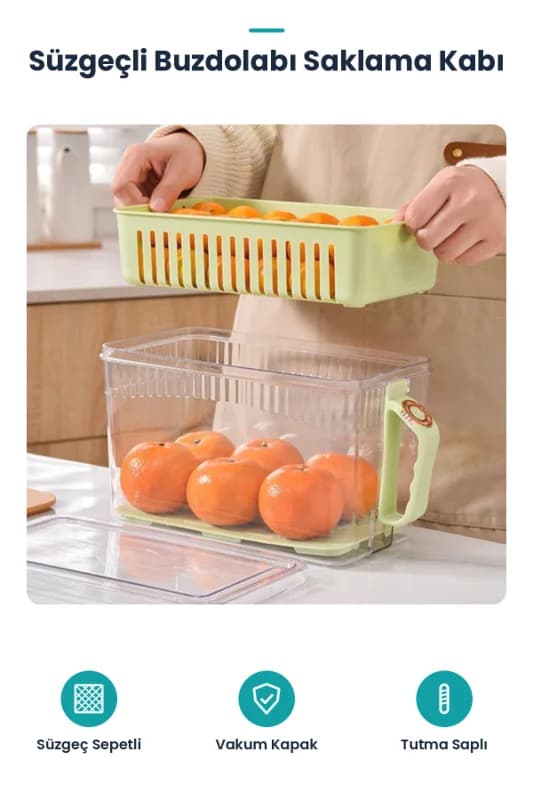 Buzdolabı Saklama Kabı - Süzgeçli Organizer - Vakum Mühürlü Kapak