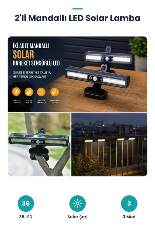 2'li Mandallı LED Solar Lamba - 36 LED - Hareket Sensörlü - 3 Modlu
