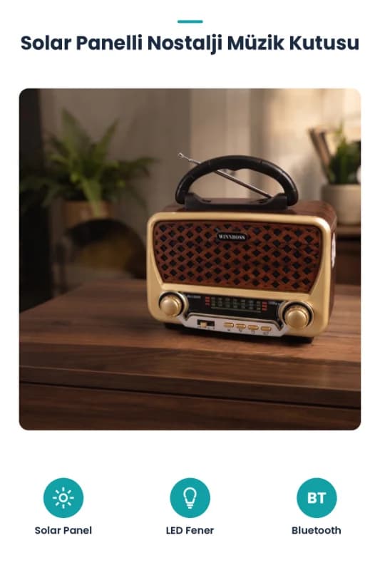 Nostalji Müzik Kutusu - Solar Panelli - Şarjlı - AUX Girişi - LED Fener - Bluetooth