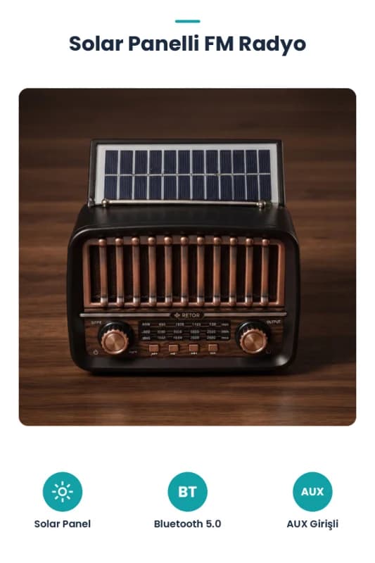 Solar Panelli FM Radyo - Şarjlı - Bluetooth Özellikli - AUX Girişli - Nostaljik Tasarım