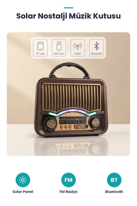 Solar Nostalji Müzik Kutusu - Şarjlı - FM Radyo - Bluetooth Özellikli - Retro Tasarımlı
