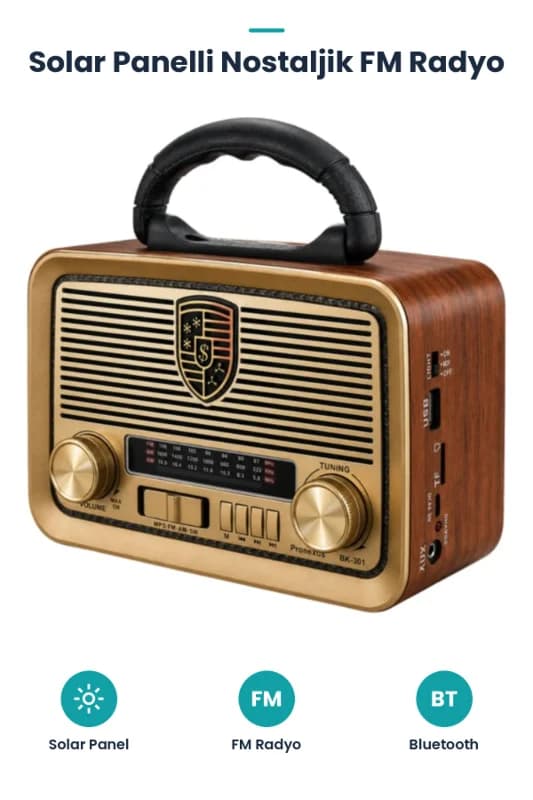 Solar Panelli LED Fenerli FM Radyo - Nostaljik Tasarım - Şarjlı - Bluetooth Özellikli