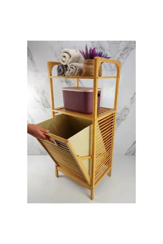 2 Organizer Raflı Ahşap Bambu Çek-Aç Kirli Sepeti