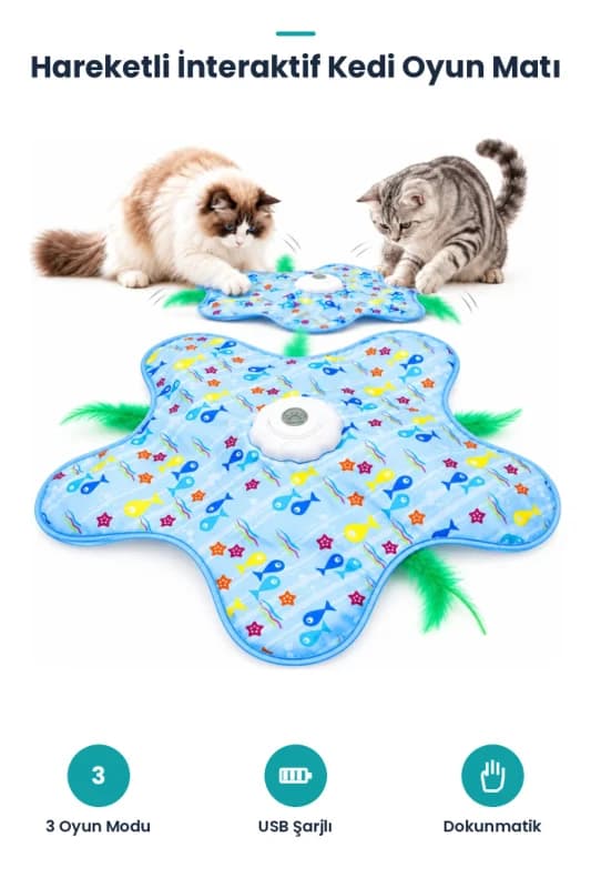 Hareketli İnteraktif Kedi Oyun Matı - USB Şarjlı - 3 Oyun Modu