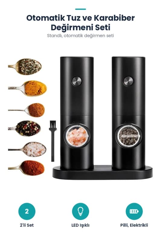 ® Otomatik Pilli Tuz Karabiber Değirmeni Seti 2’li – LED Işıklı, Standlı, Elektrikli Bahar