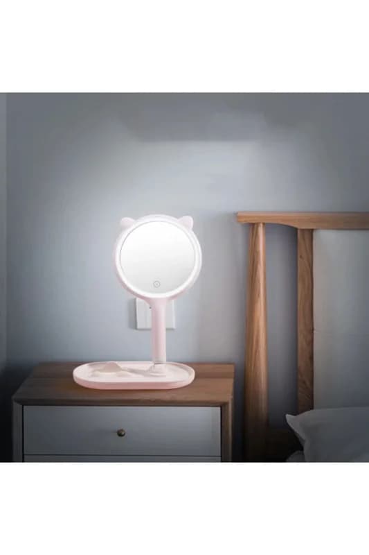 ® Kedi Kulaklı Telefon Standlı Yuvarlak Dokunmatik Led Ayarlı Masa Üstü Makya