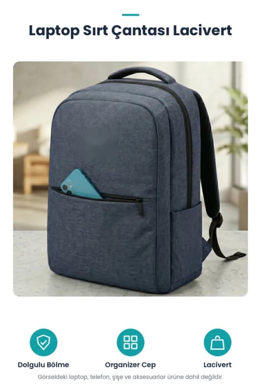 Laptop Sırt Çantası - Lacivert - İç Bölmeli - Bilgisayar Korumalı