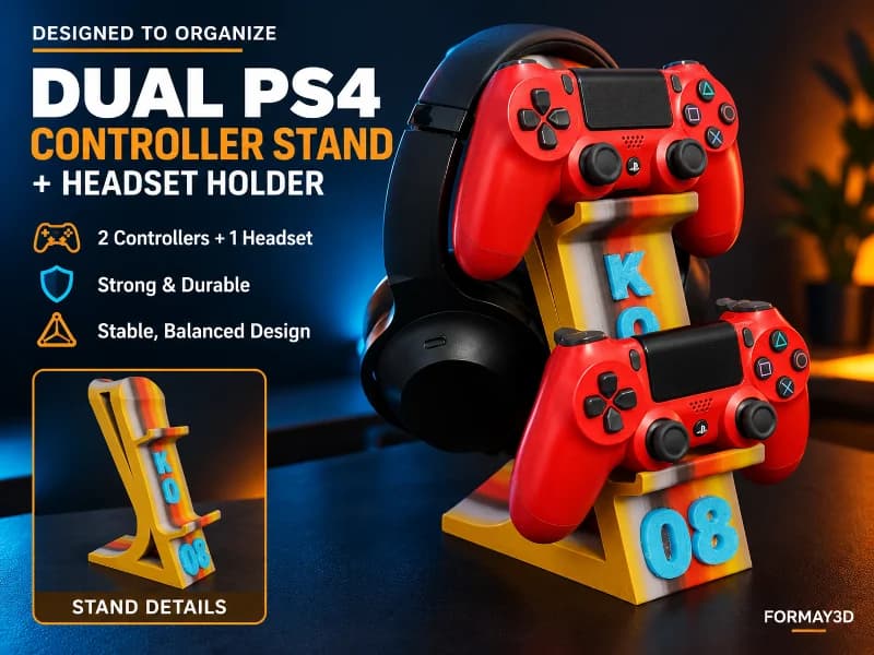 Formay3D- Kişiye Özel Tasarım - PS4 - PS5 - F710 Oyun Kolu Uyumlu ve Kulak üstü Kulaklık Dekoratif Standı 3 in 1