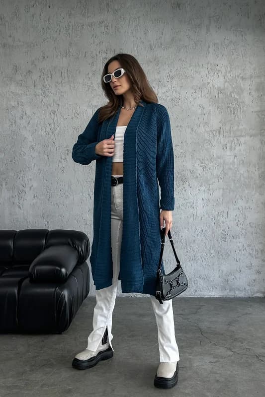 Şal Yaka Model Kuşaklı Uzun Triko Hırka