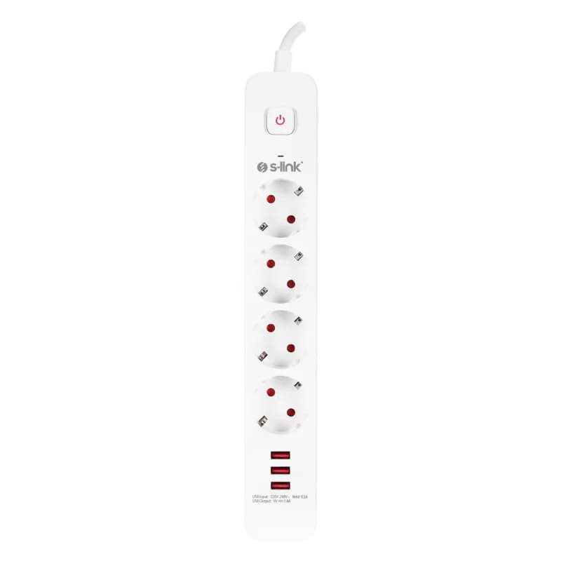 S-LINK SPG403U, 4 Soket, Akım Korumalı Priz, 3xUSB 5V 2.4A, 1.5Mt %100 Bakır 1.5mm Kablo, 750 Joule (Beyaz)