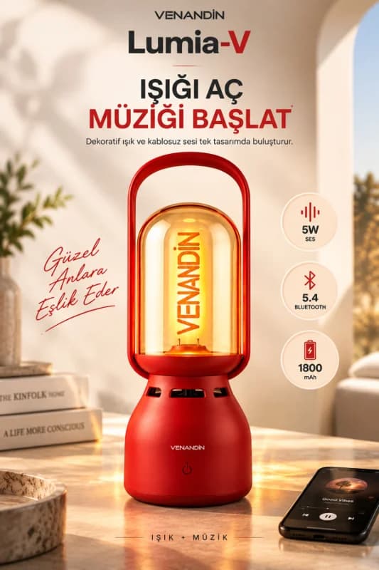 Z15-V LUMİA-V Bluetooth Hoparlörlü LED Gece Lambası 5W, 1800K Sıcak Işık, 60 Lümen, TWS - KIRMIZI