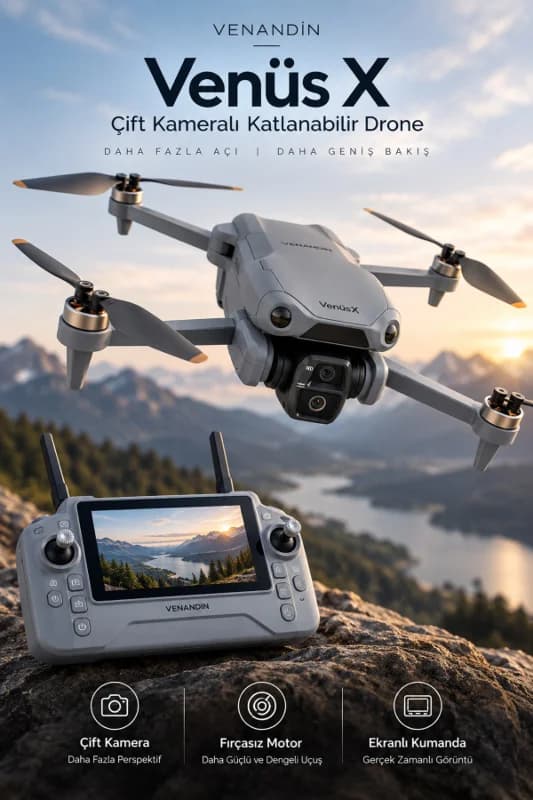 R28 VenüsX Çift Kameralı Katlanabilir Drone 480P, Fırçasız Motor, Wi-Fi Görüntü Aktarımı, Engelden Kaçınma